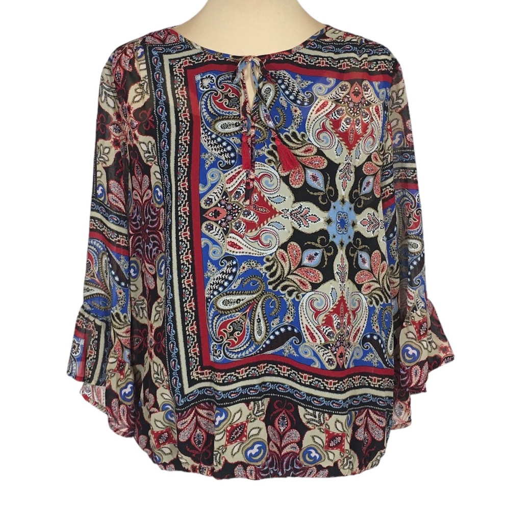 Rafaella Tan, Red & Blue Paisley 3/4 Sleeve Blouse, Petite Large